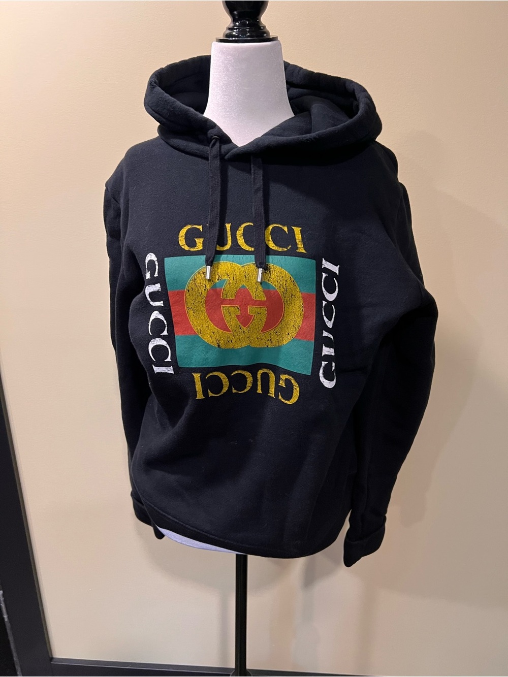 Gucci Black Crewneck Hoodie with Distressed Vintage Logo